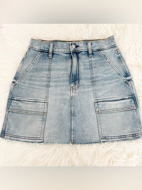 Light Blue Denim Mini Skirt with Front Cargo Pockets